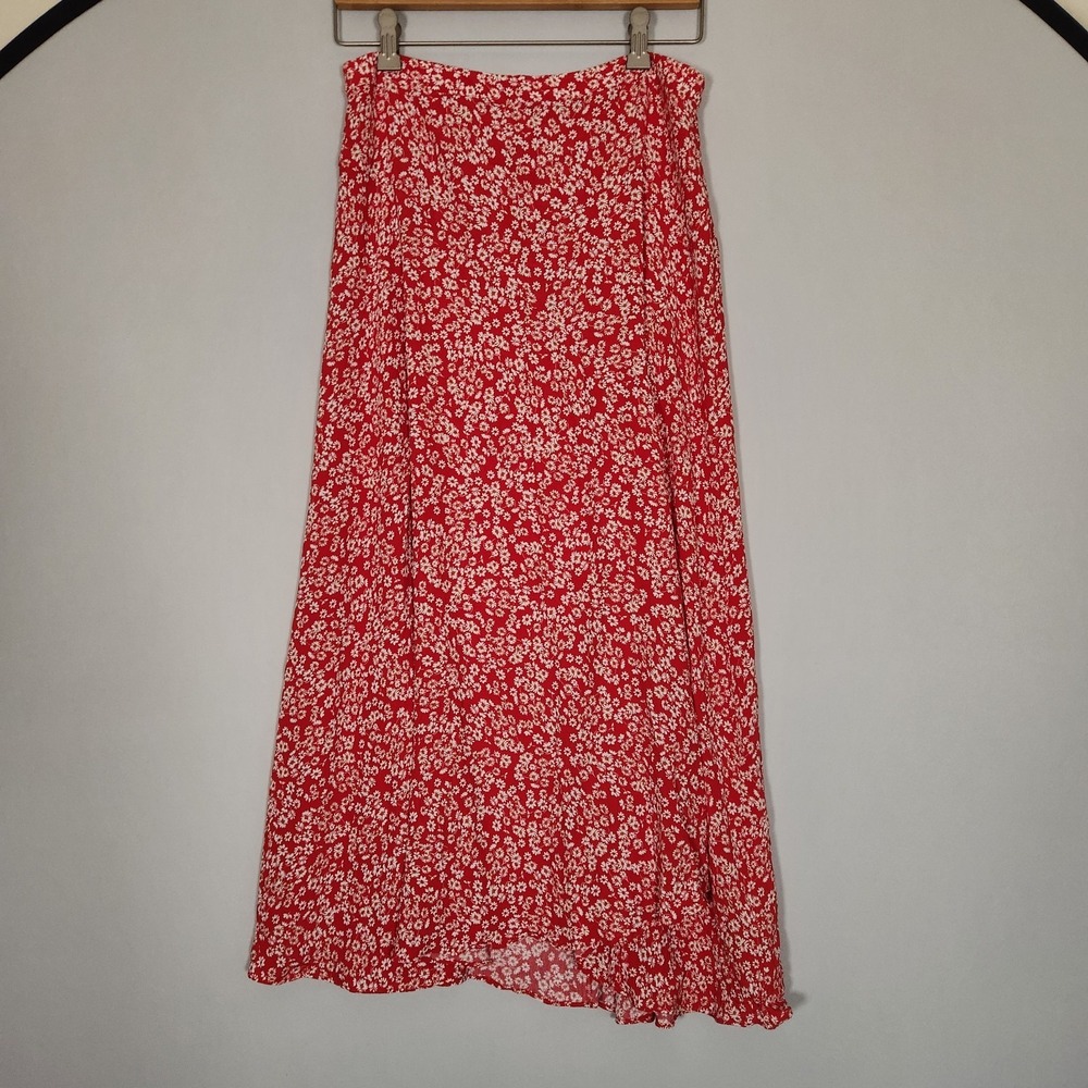 Madewell Red Daisy Floral Midi Skirt Size 6 Medium Viscose Side Slit Festival
